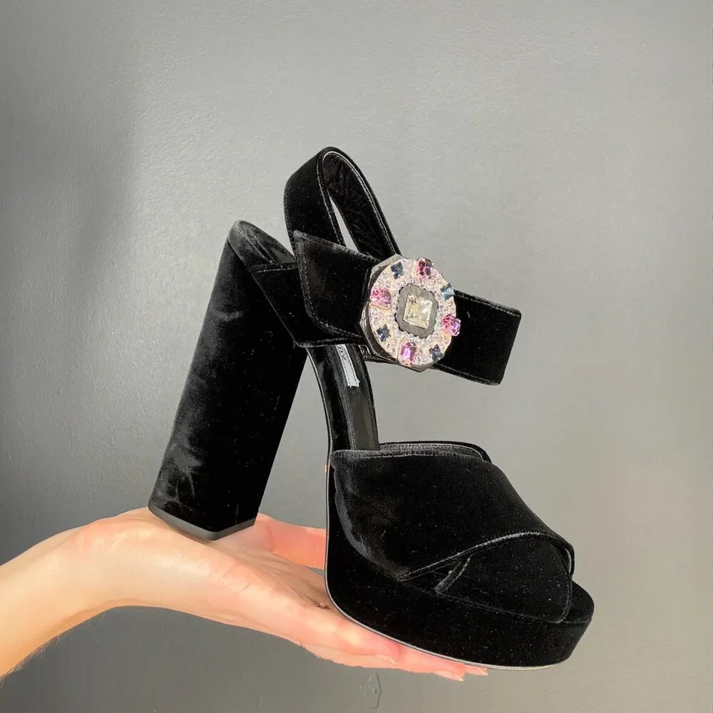 Prada Black Velvet & Crystal Heels - Picture 2 of 4